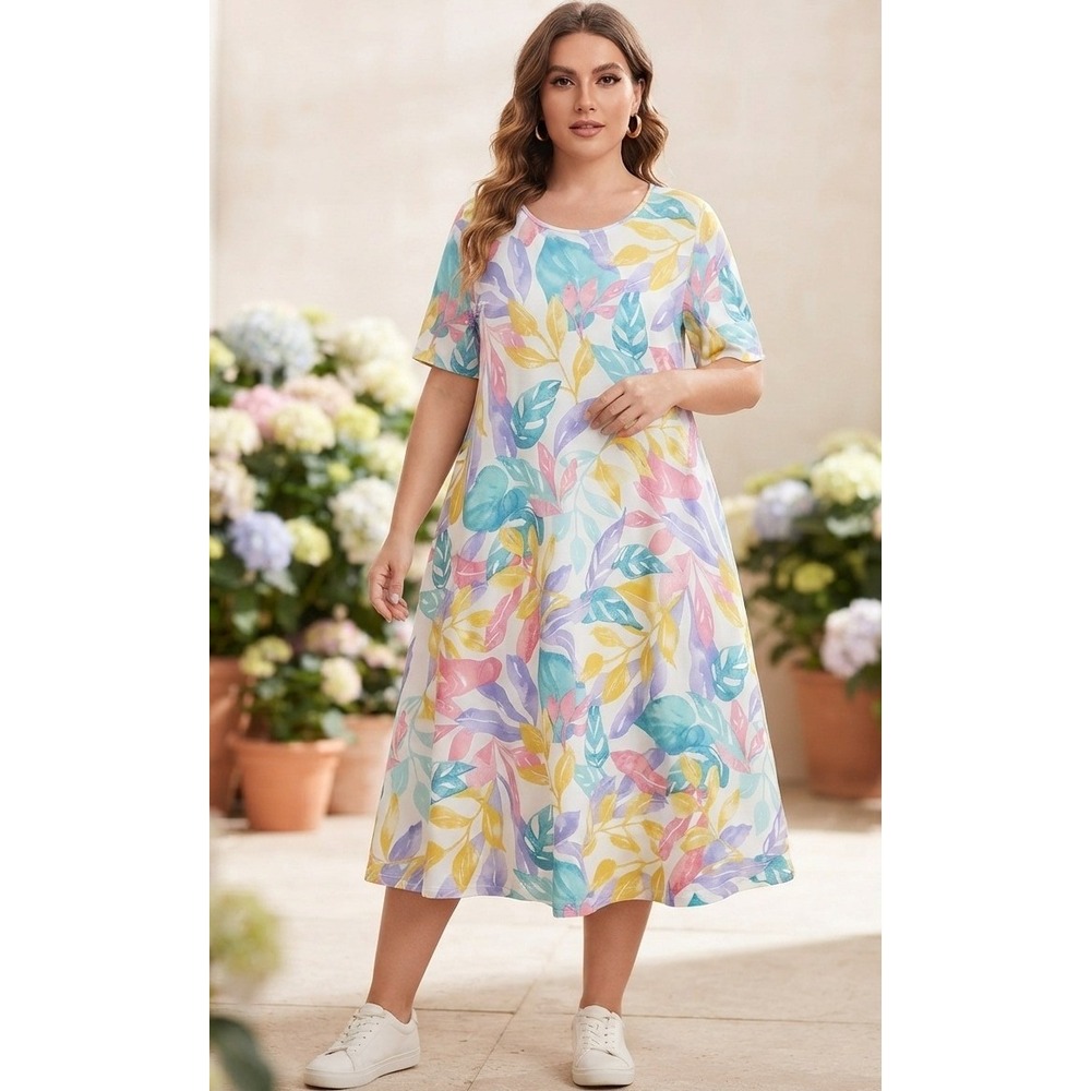 Susan Graver Floral Liquid Knit Maxi Dress Sz 1XT Stretch Pockets Vacation Boho